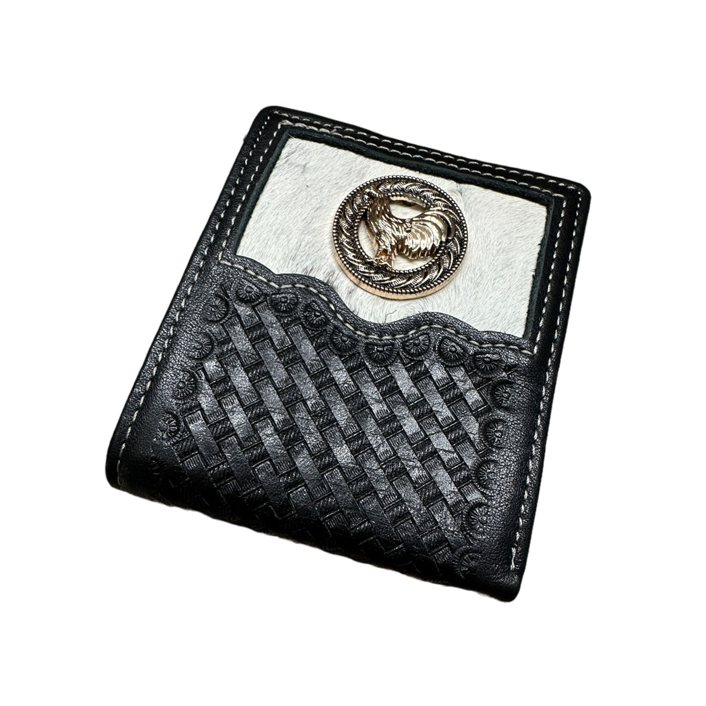 Cartera de cuero con tejido de canasta y gallo concho y pelo de vaca