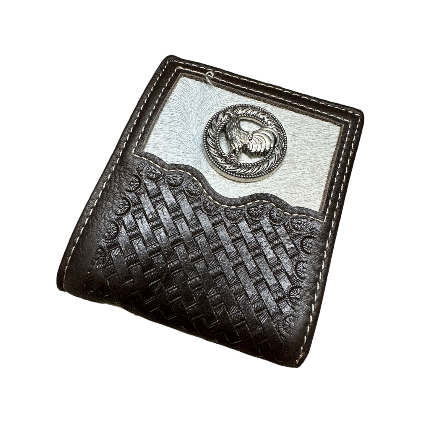 Cartera de cuero con tejido de canasta y gallo concho y pelo de vaca