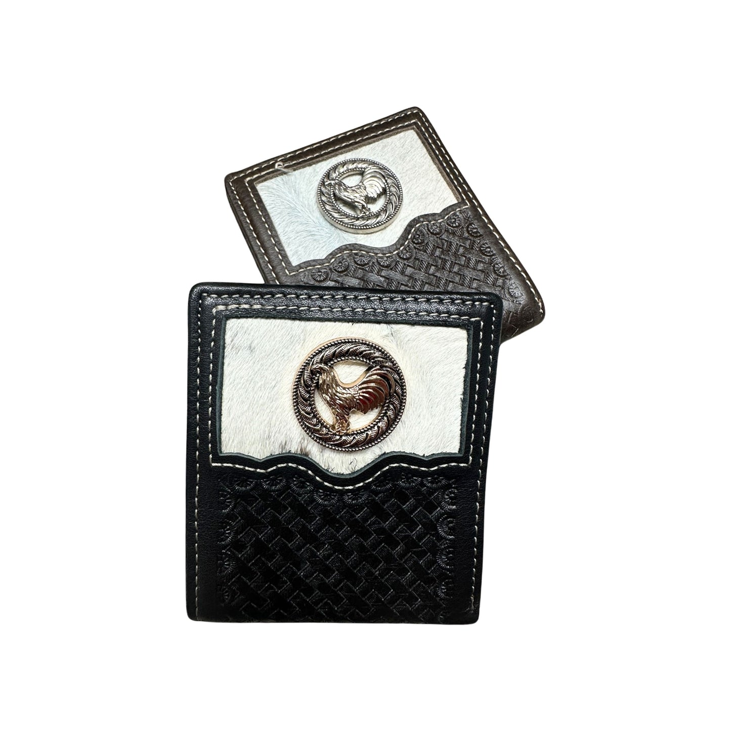 Cartera de cuero con tejido de canasta y gallo concho y pelo de vaca
