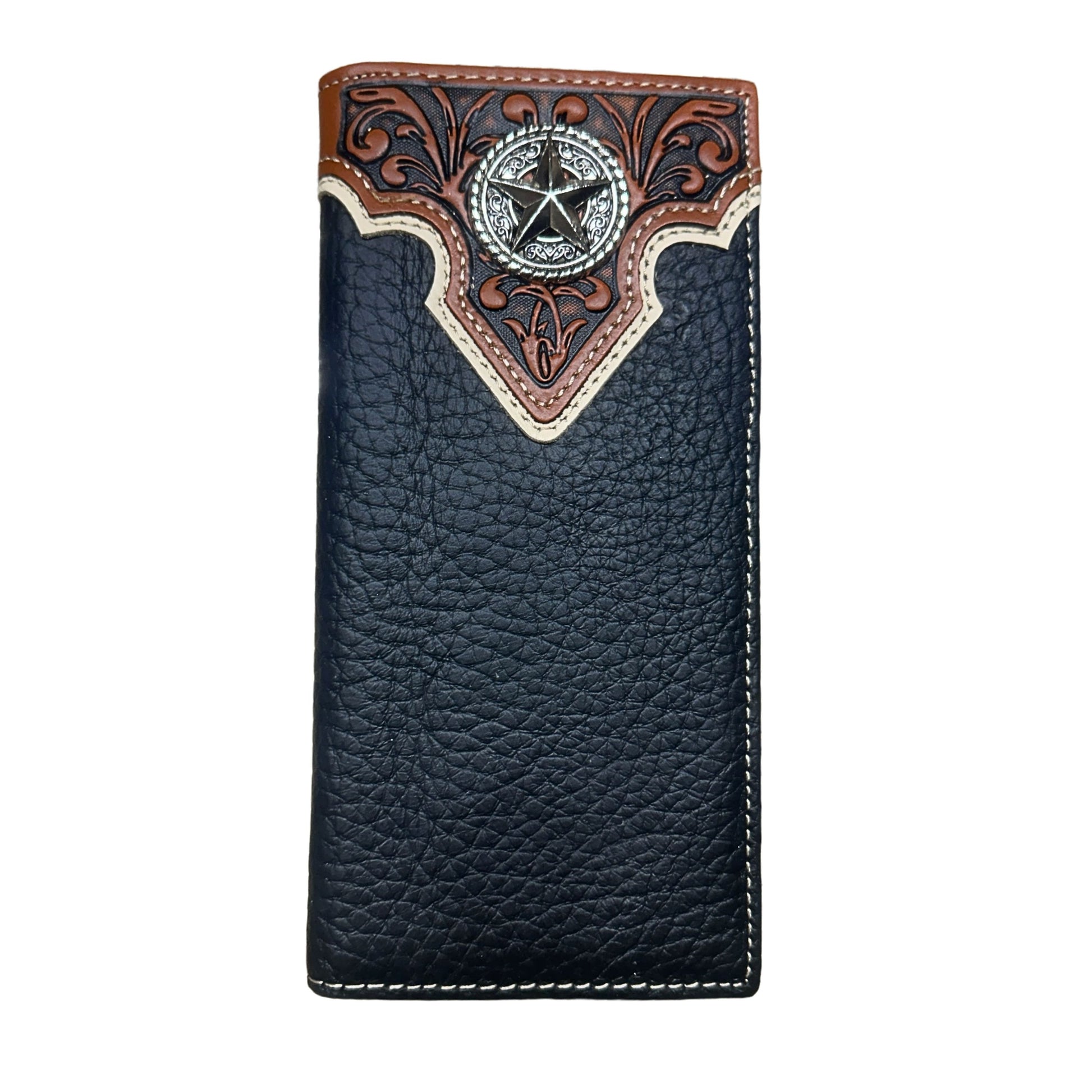 A vertical, black leather mens wallet with white stitching and a decorative, brown leather top featuring intricate floral engravings and a star concho embellishment. The Western Stakes Floral Long Wallet Black Star Concho has a textured surface and a sleek, elongated design in checkbook style.