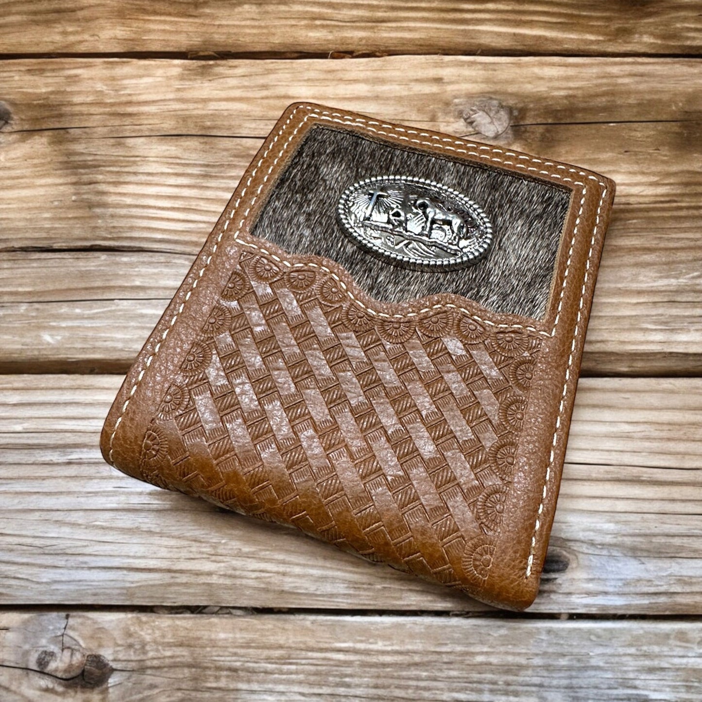 Leather Wallet Basketweave Cowboy Praying Concho