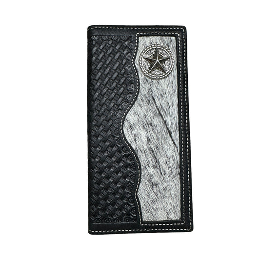 A Western Stakes Lone Star Long Wallet Black W Cowhair Basketweave featuring a textured basket weave design and a contrasting white fur-like panel. The edge of the white panel is wavy, and a silver star concho decorates the top right corner. White stitching borders this cowboy accessory's exterior.