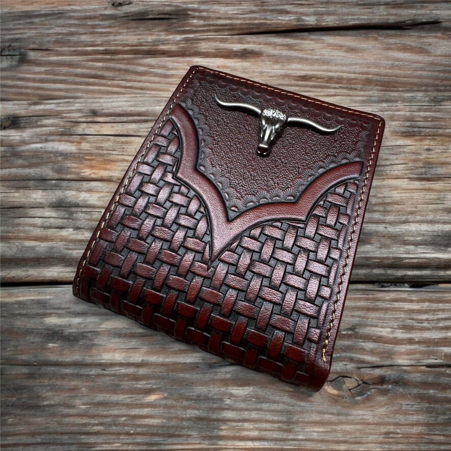 Leather Basket Weave Longhorn Concho Wallet