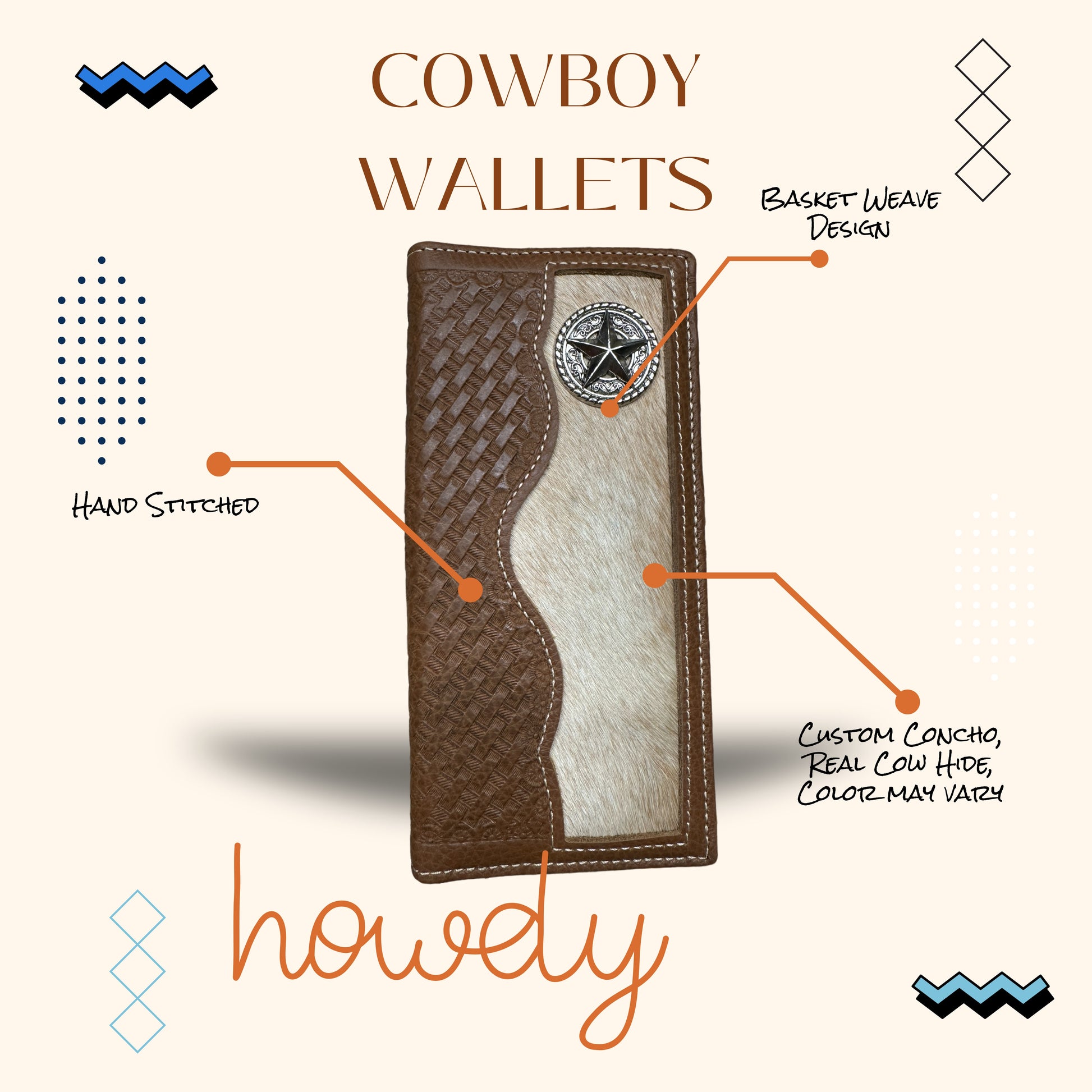 A rectangular Western Stakes Lone Star Long Wallet Black W Cowhair Basketweave featuring a basket weave design and a section of real cowhide. This checkbook style wallet has a custom concho and is hand-stitched. Text on the image highlights these features. Decorative patterns and the word "howdy" are also included, making it the perfect cowboy accessory.