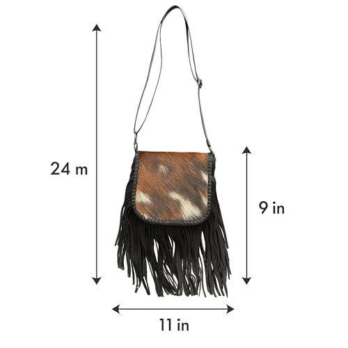 Western Stakes Cowhide & Tooled Leather Crossbody Purse with Fringe – Adjustable Strap – Western Cow Hair Bag (Brown)