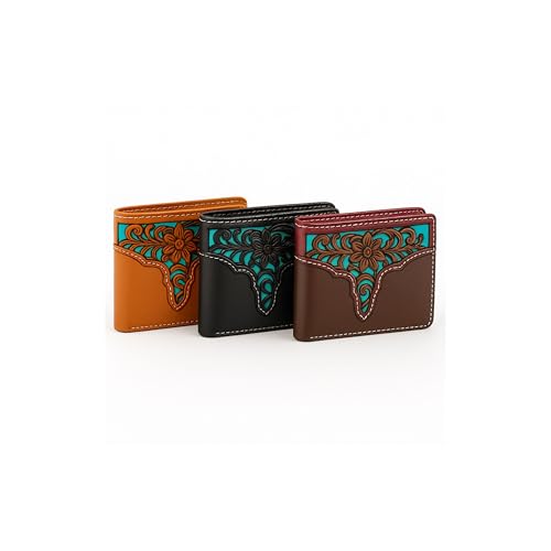 Men’s Western Leather Wallet – Laser Cut Floral Design, Bi-Fold Cowboy Rodeo Style