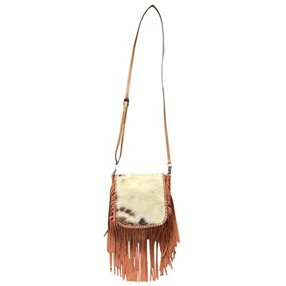 Western Stakes Cowhide & Tooled Leather Crossbody Purse with Fringe – Adjustable Strap