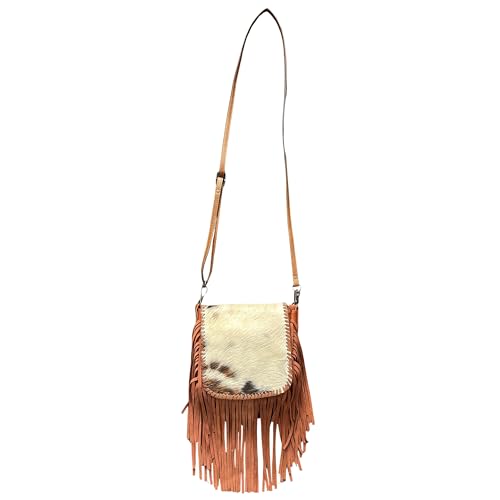Western Stakes Cowhide & Tooled Leather Crossbody Purse with Fringe – Adjustable Strap