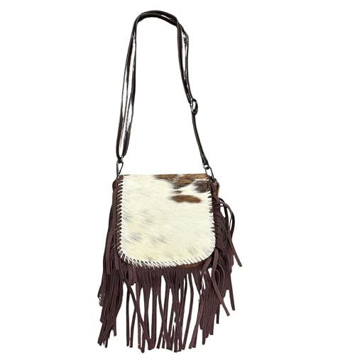 Western Stakes Cowhide & Tooled Leather Crossbody Purse with Fringe – Adjustable Strap – Western Cow Hair Bag (Brown)