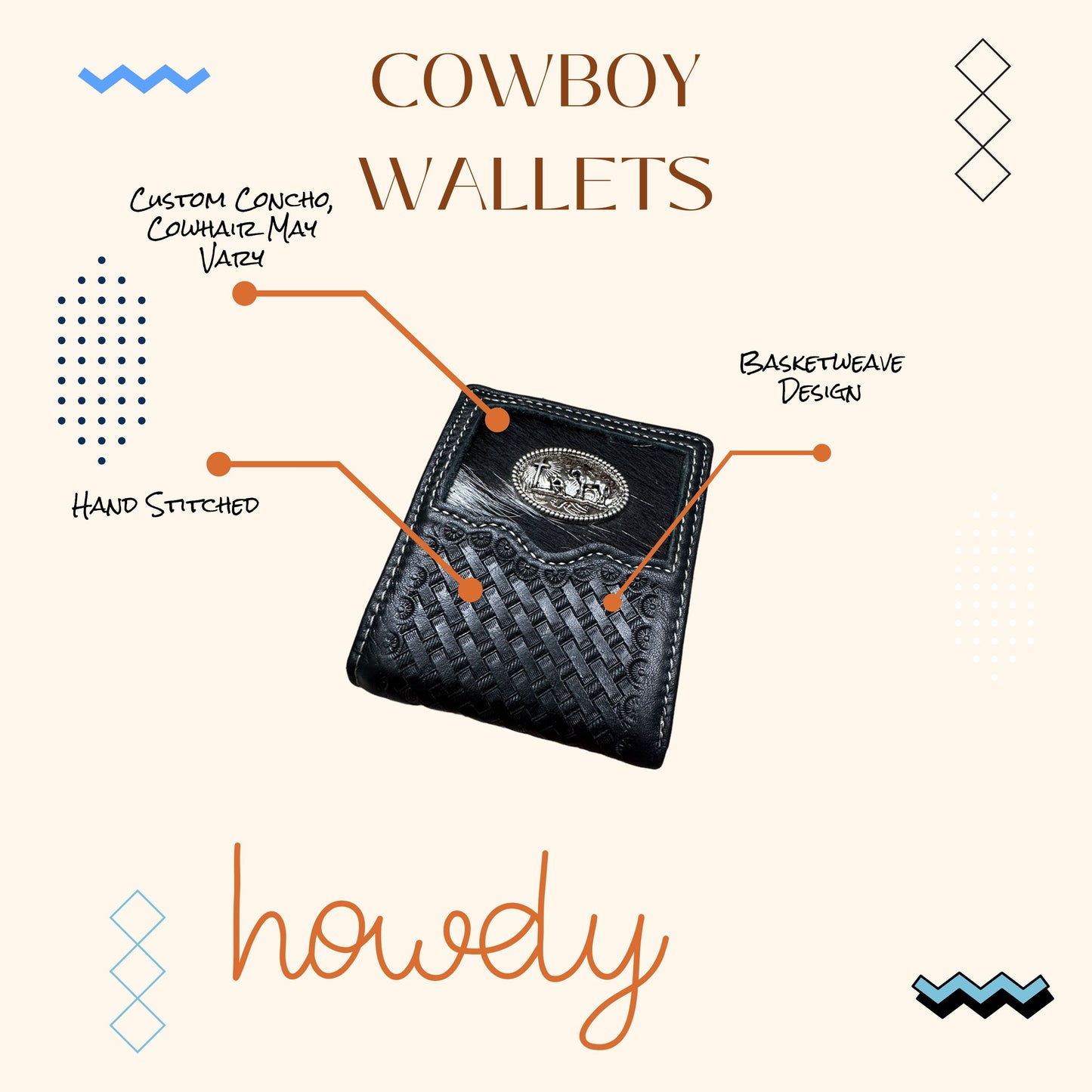 Leather Wallet Basketweave Rooster Concho w/ Cowhair