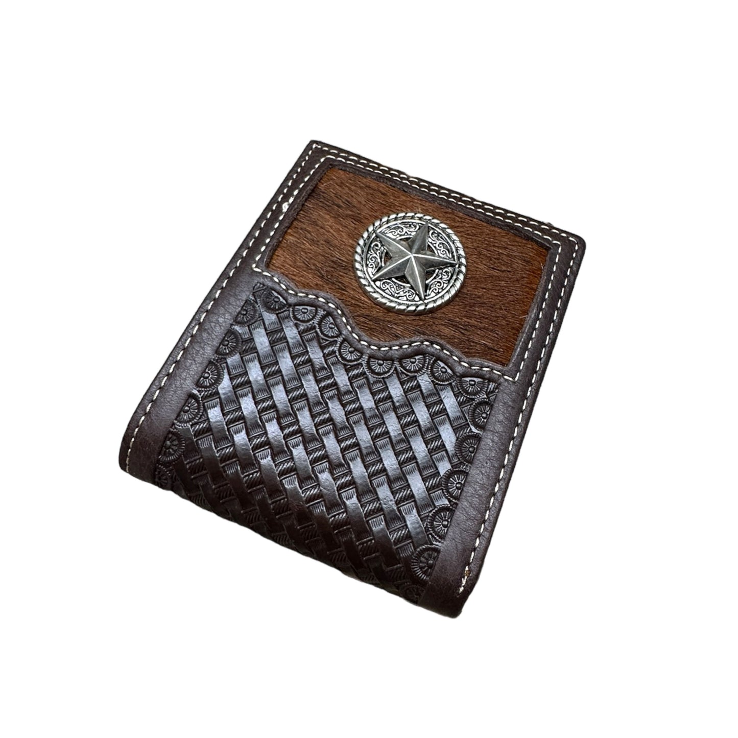 Leather Wallet Basketweave Lone Star Concho w/ Cowhair