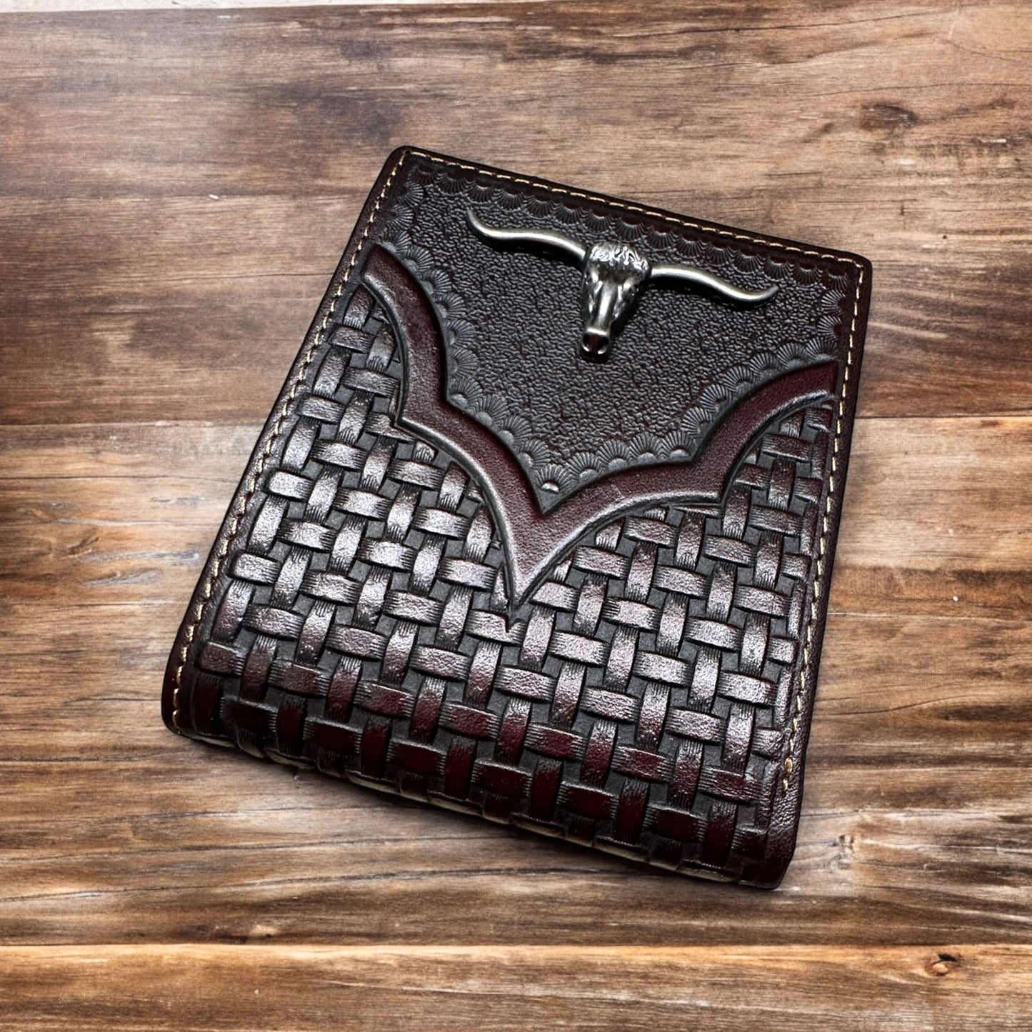 Leather Basket Weave Longhorn Concho Wallet