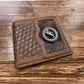 Leather Wallet Basketweave Bull Rider Concho w/ Cowhair