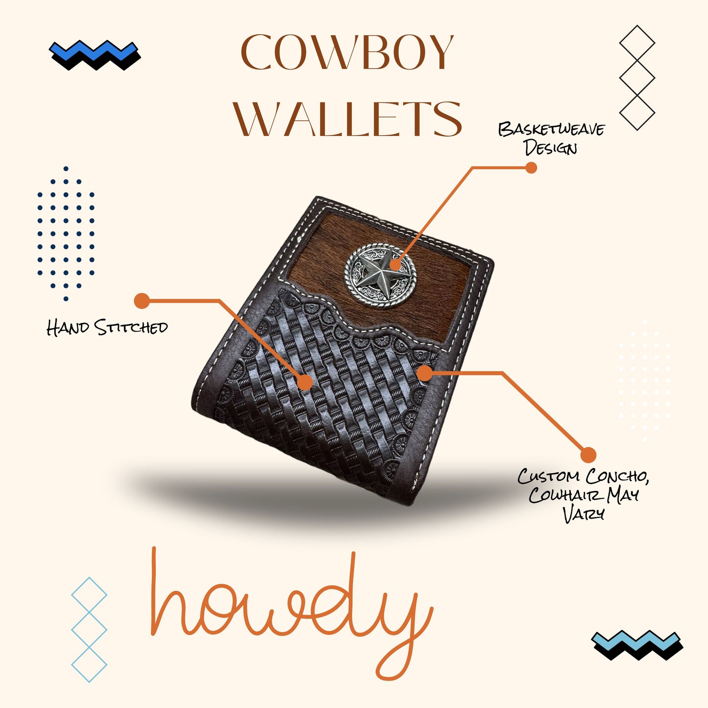 Leather Wallet Basketweave Bull Rider Concho w/ Cowhair