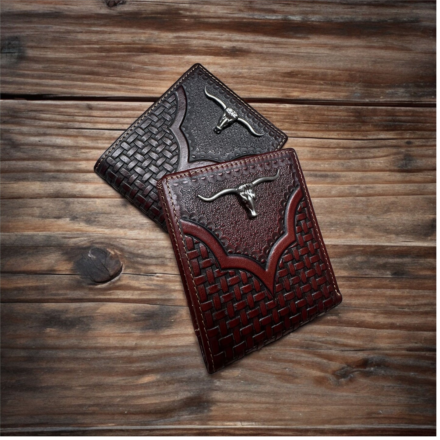 Leather Basket Weave Longhorn Concho Wallet