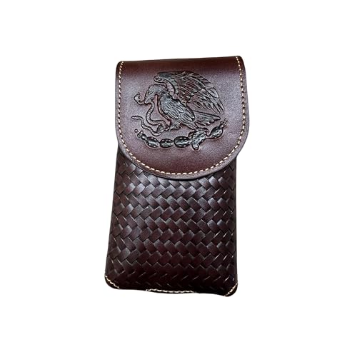 Western Stakes Western Leather Phone Belt Holster Cell Phone Case Pouch Embossed Tooled Golden Eagle Snake Mexico Coat of Arms High End Case for iPhone Samsung Universal