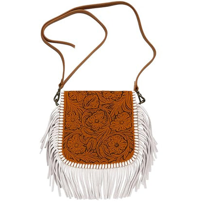 Western Tooled Floral Crossbody Purse – Leather Fringe Bag with Drop Strap & Zipper Pocket