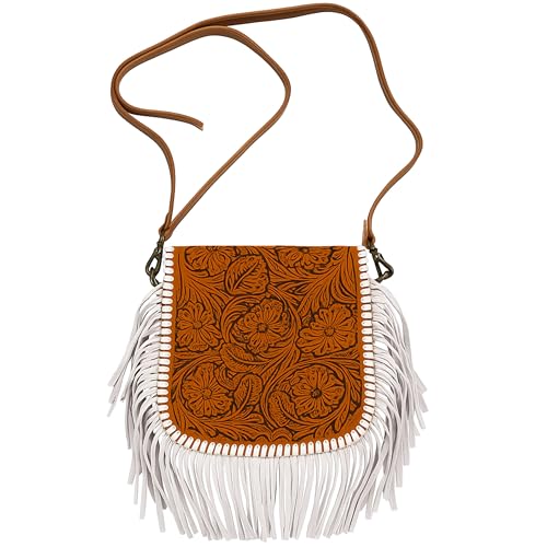 Western Tooled Floral Crossbody Purse – Leather Fringe Bag with Drop Strap & Zipper Pocket