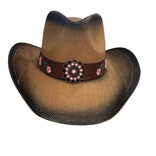 Women’s Western Cowboy Hat – High End Rice Paper Woven Design – Floral Concho Band