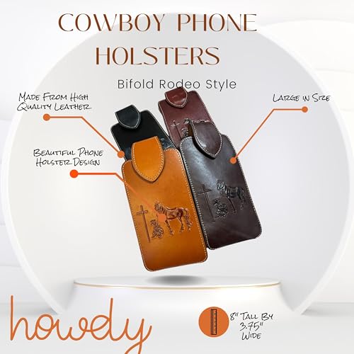 Western Leather Phone Belt Holster Emboss Cowboy Praying at Cross