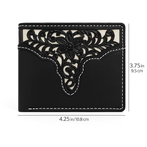 Western Stakes Men’s Bi-Fold Wallet – Genuine Leather with Flip ID, Laser-Cut Design