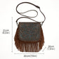 Western Tooled Floral Crossbody Purse – Leather Fringe Bag with Drop Strap & Zipper Pocket
