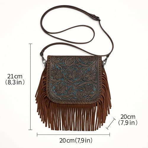 Western Tooled Floral Crossbody Purse – Leather Fringe Bag with Drop Strap & Zipper Pocket