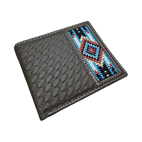 Western Stakes Leather Bi Fold Mens Wallet Tapestry Blue Diamond Arrow Design Hand Crafted Wallets