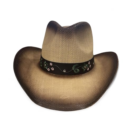 Women’s Western Cowboy Hat with Floral Teal Flower Band – Rice Paper Woven Straw