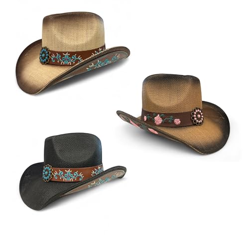 Women’s Western Cowboy Hat – High End Rice Paper Woven Design – Floral Concho Band