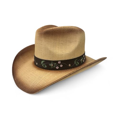 Women’s Western Cowboy Hat with Floral Teal Flower Band – Rice Paper Woven Straw