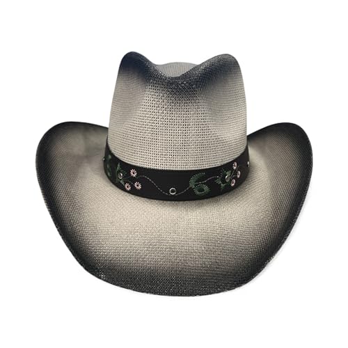 Women’s Western Cowboy Hat with Floral Teal Flower Band – Rice Paper Woven Straw