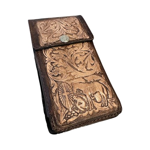 Western Leather Phone Belt Holster Tooled Distressed Leather Cowboy Case Universal