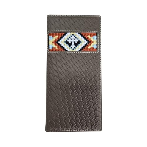 Western Stakes Leather Bi Fold Mens Long Wallet Tapestry Diamond Cross Design Hand Crafted Rodeo Wallet