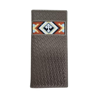 Western Stakes Leather Bi Fold Mens Long Wallet Tapestry Diamond Cross Design Hand Crafted Rodeo Wallet