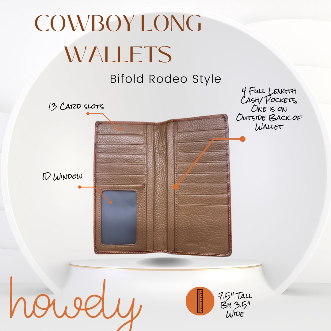 Image of a brown leather bifold cowboy wallet labeled "Western Stakes - Floral Long Wallet Longhorn Teal Accent." Perfect as a cowboy gift, the wallet features 13 card slots, an ID window, and 4 full-length cash pockets. Dimensions: 7.5" tall by 3.5" wide. The text "howdy" is shown at the bottom.