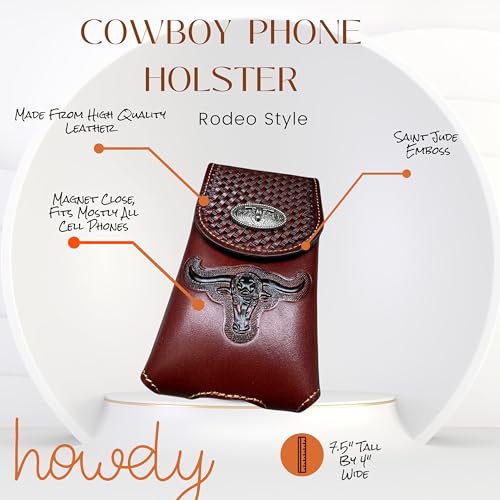 Western Stakes Western Leather Phone Belt Holster Cell Phone Case Pouch Embossed Tooled Longhorn Cowboy Concho High End Case for iPhone Samsung Universal