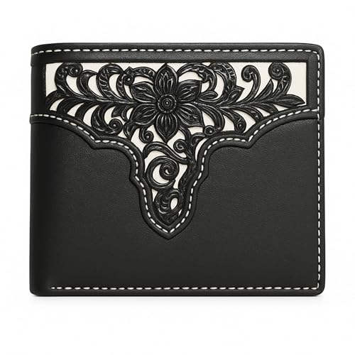 Western Stakes Men’s Bi-Fold Wallet – Genuine Leather with Flip ID, Laser-Cut Design
