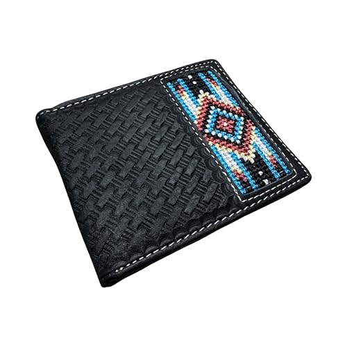 Western Stakes Leather Bi Fold Mens Wallet Tapestry Blue Diamond Arrow Design Hand Crafted Wallets