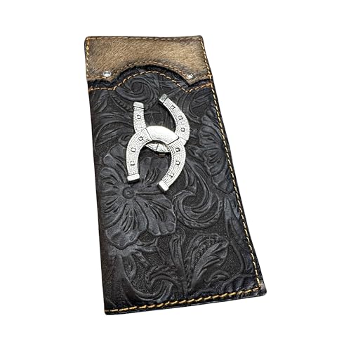 Leather Bi Fold Long Wallet Double Horse Shoe Concho Floral Black Made In Mexico High End