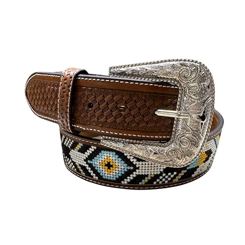 Leather Western Belts For Men Cowboy Tapestry Aztec Embroidered Large Buckle