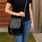 Western Tooled Floral Crossbody Purse – Leather Fringe Bag with Drop Strap & Zipper Pocket
