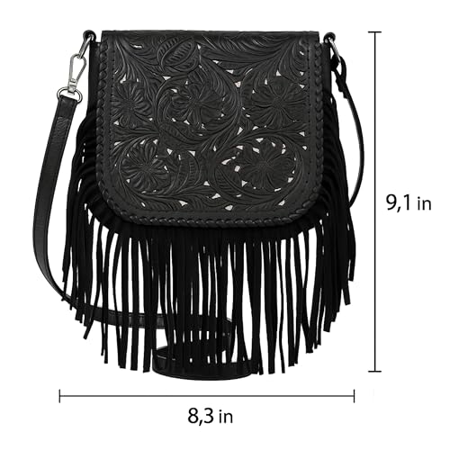 Western Tooled Floral Crossbody Purse – Leather Fringe Bag with Drop Strap & Zipper Pocket