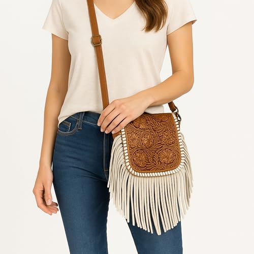 Western Tooled Floral Crossbody Purse – Leather Fringe Bag with Drop Strap & Zipper Pocket