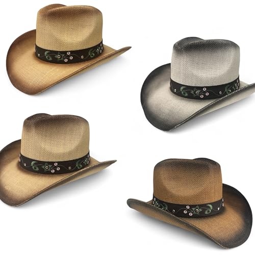 Women’s Western Cowboy Hat with Floral Teal Flower Band – Rice Paper Woven Straw