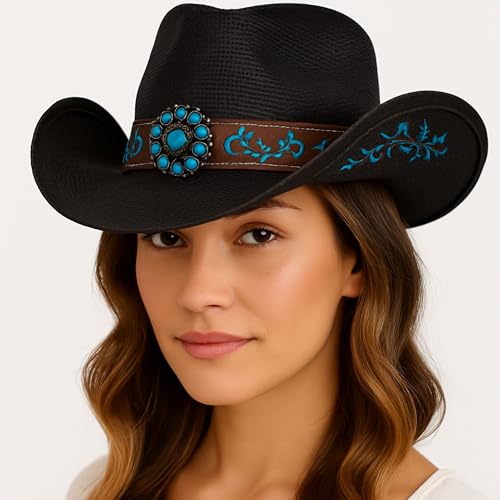 Women’s Western Cowboy Hat – High End Rice Paper Woven Design – Floral Concho Band