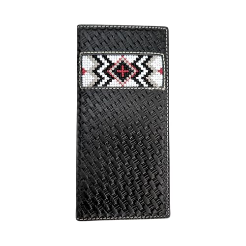 Western Stakes Leather Bi Fold Mens Long Wallet Tapestry Diamond Red Cross Design Rodeo Wallet Cowboy Style Hand Crafted High End Mens Wallets Leather Gifts For Men