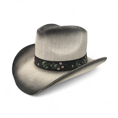 Women’s Western Cowboy Hat with Floral Teal Flower Band – Rice Paper Woven Straw