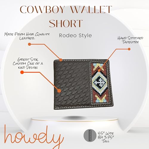 Western Stakes Leather Bi Fold Mens Wallet Tapestry Diamond Cross Design Hand Crafted Wallet