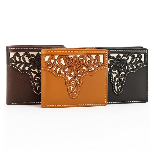 Western Stakes Men’s Bi-Fold Wallet – Genuine Leather with Flip ID, Laser-Cut Design